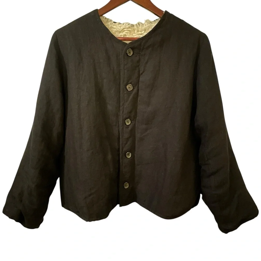 Caron Callahan Tommy Reversible Cropped Jacket Ivory Faux Fur Black Linen Wool M